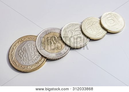 Close Up Turkish Lira And Kurus Metal Coins