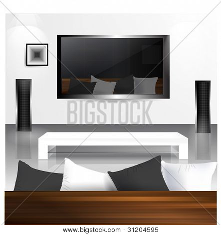 Interieur mit LCD-Fernseher mit Reflektion Wohnzimmer drin.