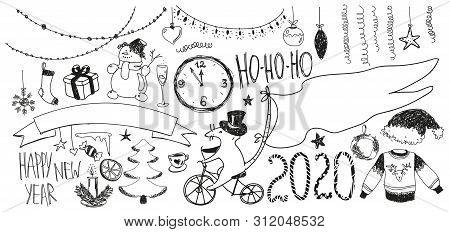 Doodle New Year Set. Happy New Year 2020. Objects, Symbols, Icons, Elements, Line Drawing. New Year 