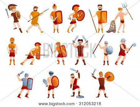Gladiator Icons Set. Cartoon Set Of Gladiator Vector Icons For Web Design
