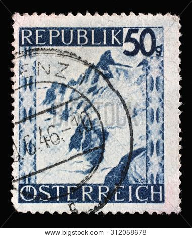 ZAGREB, CROATIA - SEPTEMBER 05, 2014: A stamp printed in Austria shows Silvretta Mountains, Vorarlberg, series, circa 1945.