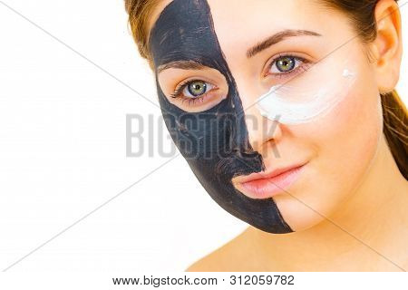 Girl Black Mask On Half Face Apply White Mud