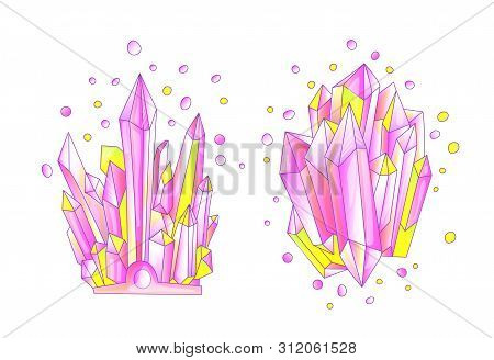 Yellow And Pink Crystal, Cartoon Cute Vector Quartz Illustration. Quartz Crystal Druse, Pink Princes