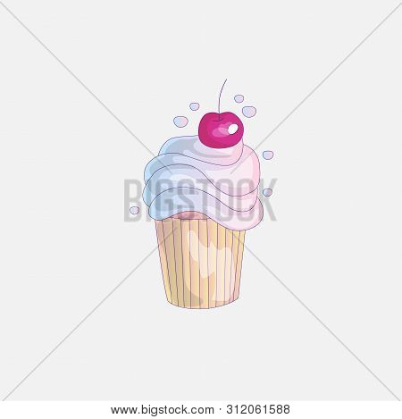 Cute Cartoon Little Princess Cupcake Illustration With Cherry. Cream Pink, Cherry Cake For Little Pr