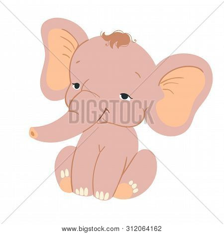 Cute Baby Elefant Sitting. Funny Pink Elefant With For Design