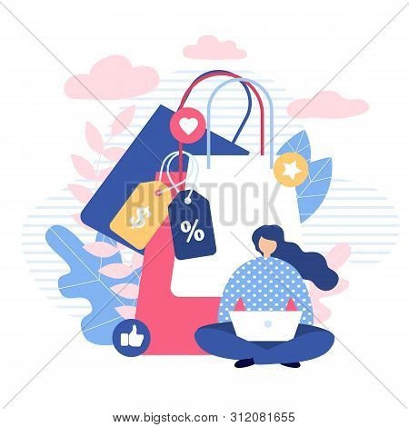 Girl Shopping Online On Laptop Metaphor Cartoon. Woman Sitting With Computer Over Huge Paper Bags. L