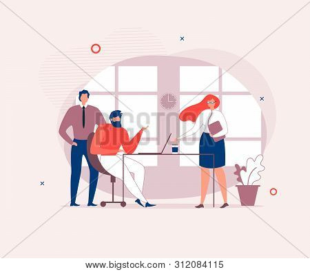 Flat People Characters Conversation In Office. Cartoon Bearded Employee Sit At Desk With Laptop. Mal