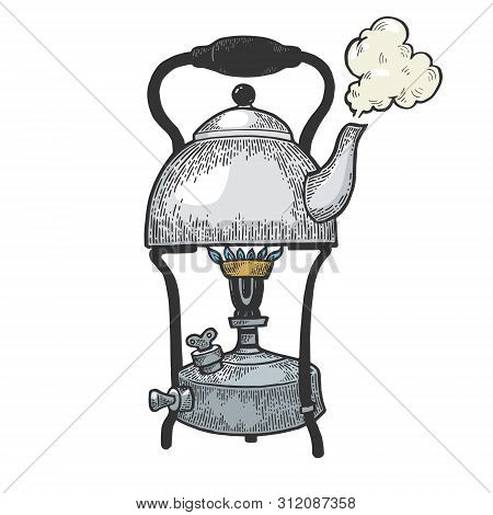 Old Boiling Kettle Pot On Primus Stove Color Sketch Engraving Vector Illustration. Scratch Board Sty