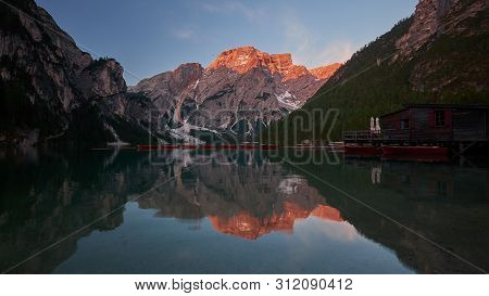 Braies Lake (lago Di Braies) In Dolomites Mountains, Italy