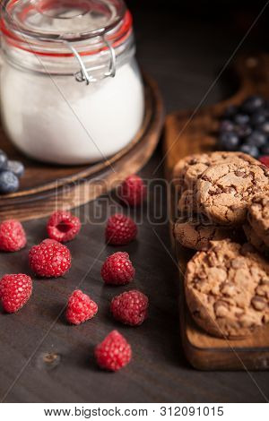 Delicious Idea For Breakfast With Chocolate Cookies And Fresh Bluebarries