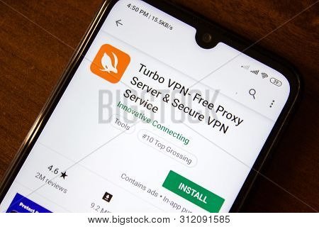 Ivanovsk, Russia - July 07, 2019: Turbo Vpn - Free Proxy Server App On The Display Of Smartphone Or 