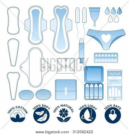 Feminine Hygiene - Sanitary Napkins, Pantyliners And Tampons Icon Set. Women Menstrual Period Illust