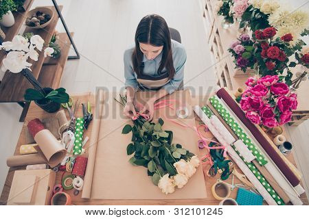 Top High Above Angle View Photo Of Concentrated Lady Self-employed Person Hold Hand Touch Environmen