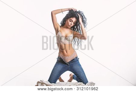 Perfect Female. Erotic Games. Isolated On White. Woman With Perfect Body Relax. Sexy Woman In Jeans 