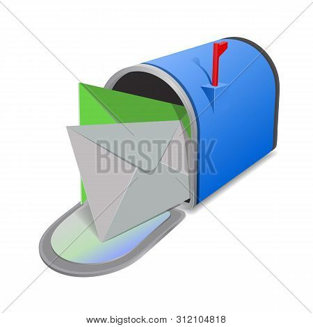 Envelopes In The Blue Mailbox. Open Red Mail Box With Envelopes On The Cover Isolated From Backgroun