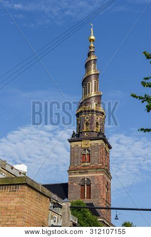 Copenhagen Denmark - 25 June 2019: The Church Tower Of Our Saviour At Copenhagen On Denmark