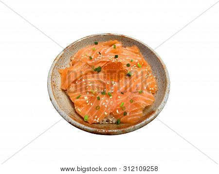 Fresh Salmon Sashimi Slice With Salmon Egg (ikura) Don On Rice Inside Ceramic Bowl Isolated On White
