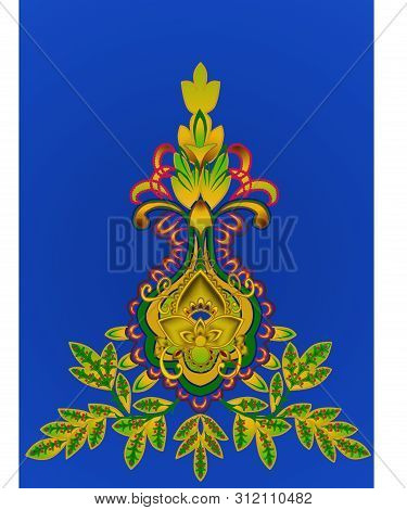 Mosaic Yellow-green Leaves Intertwined In A Pattern On A Blue Background.