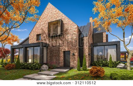 3D Rendering Of Modern Clinker House On The Ponds With Pool In Autumn