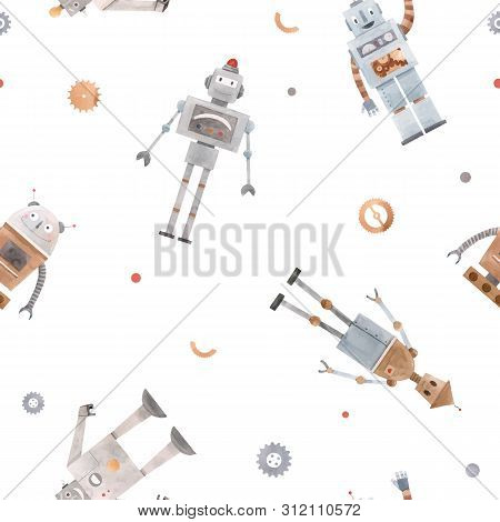 Beautiful Vector Seamless Baby Pattern With Cute Retro Robots