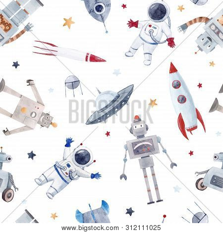 Beautiful Vector Seamless Baby Pattern With Cute Retro Robots Astronaut Spaceman Spaceship Rocket