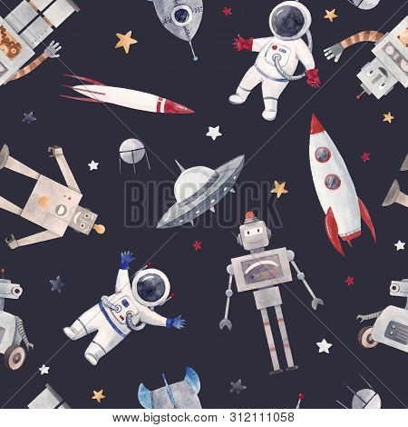 Beautiful Vector Seamless Baby Pattern With Cute Retro Robots Astronaut Spaceman Spaceship Rocket