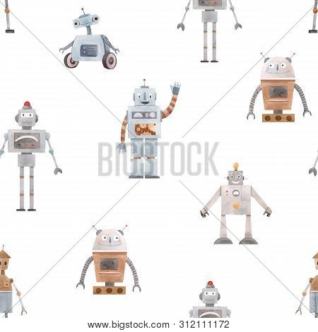 Beautiful Vector Seamless Baby Pattern With Cute Retro Robots