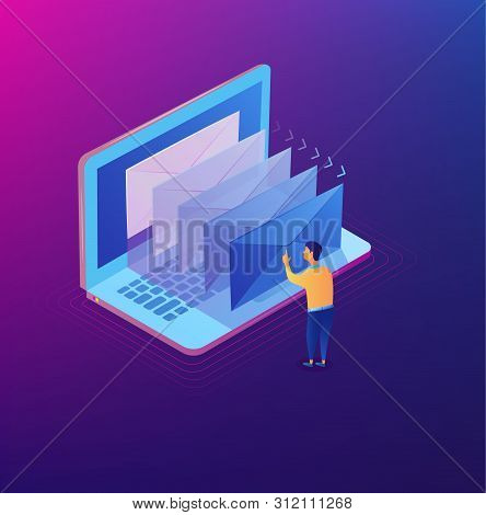 E-mailing Notification Isometric Concept. Isometric Modern Mail. Email Marketing On The Laptop Scree