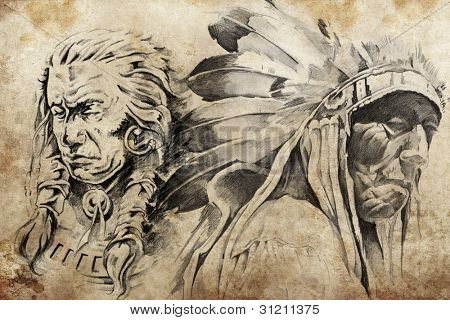 Tatovering skitse af American Indian krigere, håndlavede