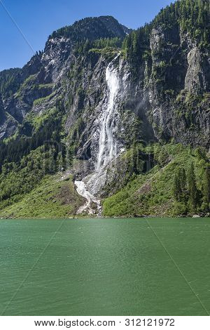 Waterfall On The Lake Stillup, Zillertal Alps, Austria, Tyrol
