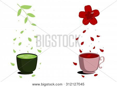 Two Useful Tea Karkade And Matcha. Green Tea In A Dark Cup And Red Tea In A Pink Cup. Eco-friendly A