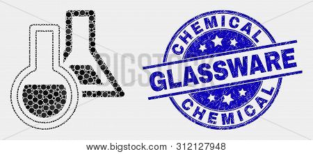 Dot Chemical Glassware Mosaic Pictogram And Chemical Glassware Seal Stamp. Blue Vector Rounded Grung