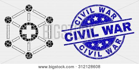 Dot Medical Links Mosaic Pictogram And Civil War Seal. Blue Vector Round Grunge Seal Stamp With Civi