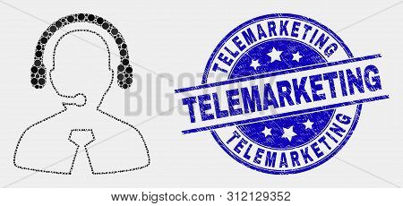 Dot Call Center Manager Mosaic Pictogram And Telemarketing Stamp. Blue Vector Rounded Textured Seal 