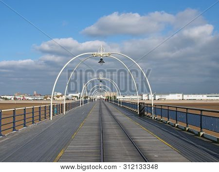 Southport, Merseyside, United Kingdom - 28 June 2019: A Panoramic View Along The Pier In Southport M