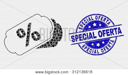 Dot Percent Tags Mosaic Pictogram And Special Oferta Stamp. Blue Vector Rounded Distress Seal Stamp 