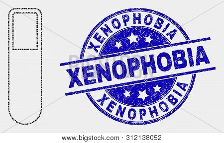 Dot Test-tube Mosaic Pictogram And Xenophobia Seal. Blue Vector Round Scratched Seal Stamp With Xeno