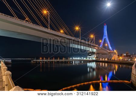 Aomori Bay Bridge At Night. Aomori Cityscape At Aoiumi Park. The Capital City Of Aomori Prefecture, 