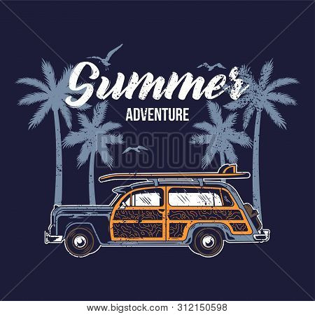 Old Vintage Car For Summer Surfing Traveling And Living On The Paradise California Beaches With Sun 