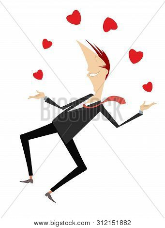 Smiling Man Juggles The Hearts Illustration. Smiling Man Juggles With The Heart Symbols Isolated On 