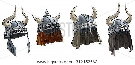 Cartoon Metal Viking Warrior Helmet With Horns And Runes. Isolated On White Background. Vector Icon 