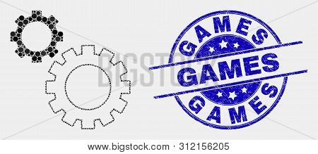 Pixel Gears Mosaic Icon And Games Stamp. Blue Vector Rounded Scratched Seal Stamp With Games Phrase.