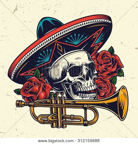 Dia De Los Muertos Colorful Concept With Brass Trumpet Bautiful Roses And Skull In Sombrero Hat In V