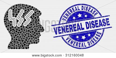 Dotted Migraine Head Mosaic Pictogram And Venereal Disease Seal Stamp. Blue Vector Rounded Distress 
