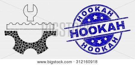 Pixelated Plumbery Service Mosaic Icon And Hookah Stamp. Blue Vector Rounded Scratched Seal Stamp Wi