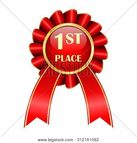 First Place Award Badge. Round Ribbon Sign. Vector Illustration Isolated On White Background