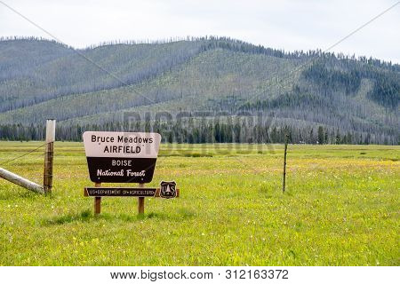 Lowman, Idaho - July 1, 2019: Sign For Bruce Meadows Airfield, An Airstrip Airport Located In The Bo