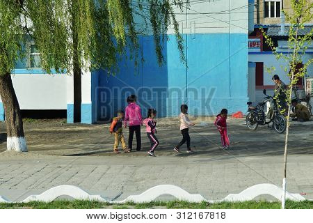 Wonsan, North Korea - May 4, 2019:  Street Scene   In Wonsan, One Of The North Korean Port On The Ea