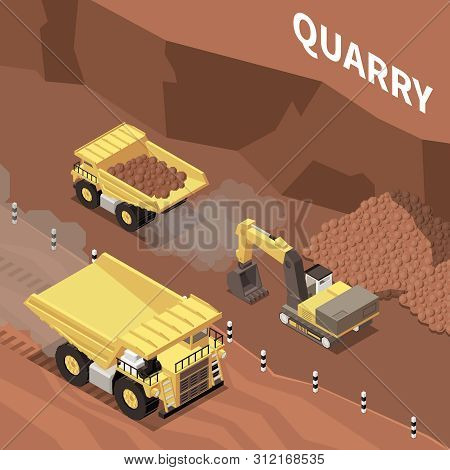 Mining Machinery Working In Quarry 3d Isomtric Vector Illustration