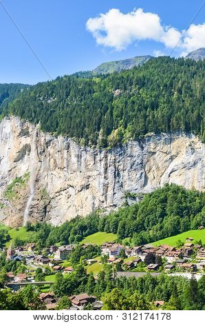 Lauterbrunnen, Switzerland Photographed From Above With Famous Staubbach Falls. Summer Alpine Landsc